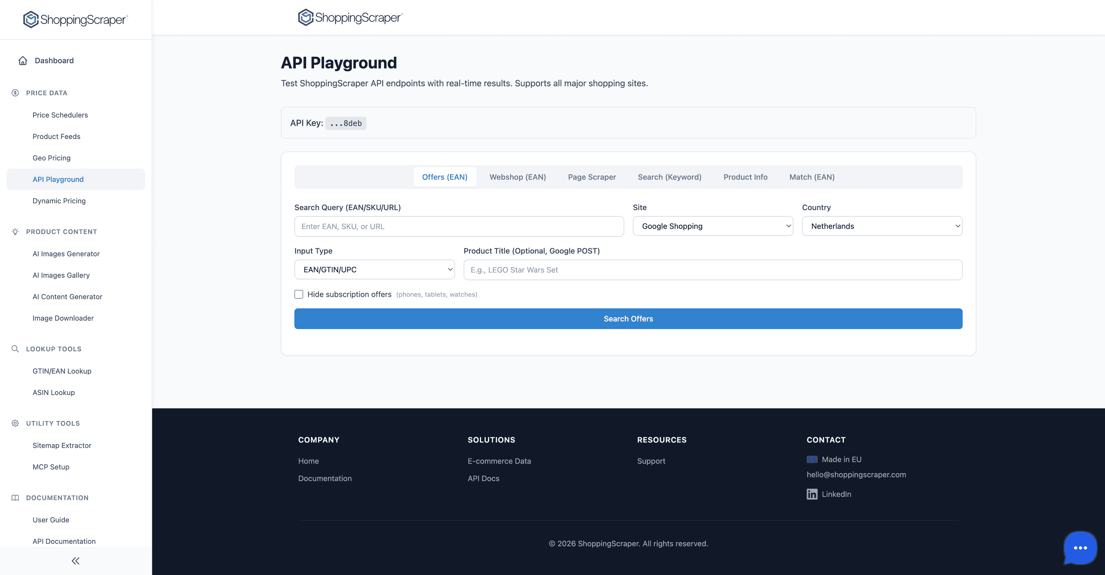 API Playground showing interactive request builder with formatted JSON response and cURL export